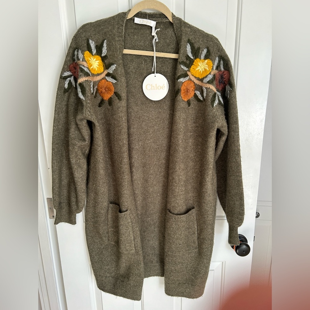 NWT Chloe Heathered green long open front cardigan - embroidery